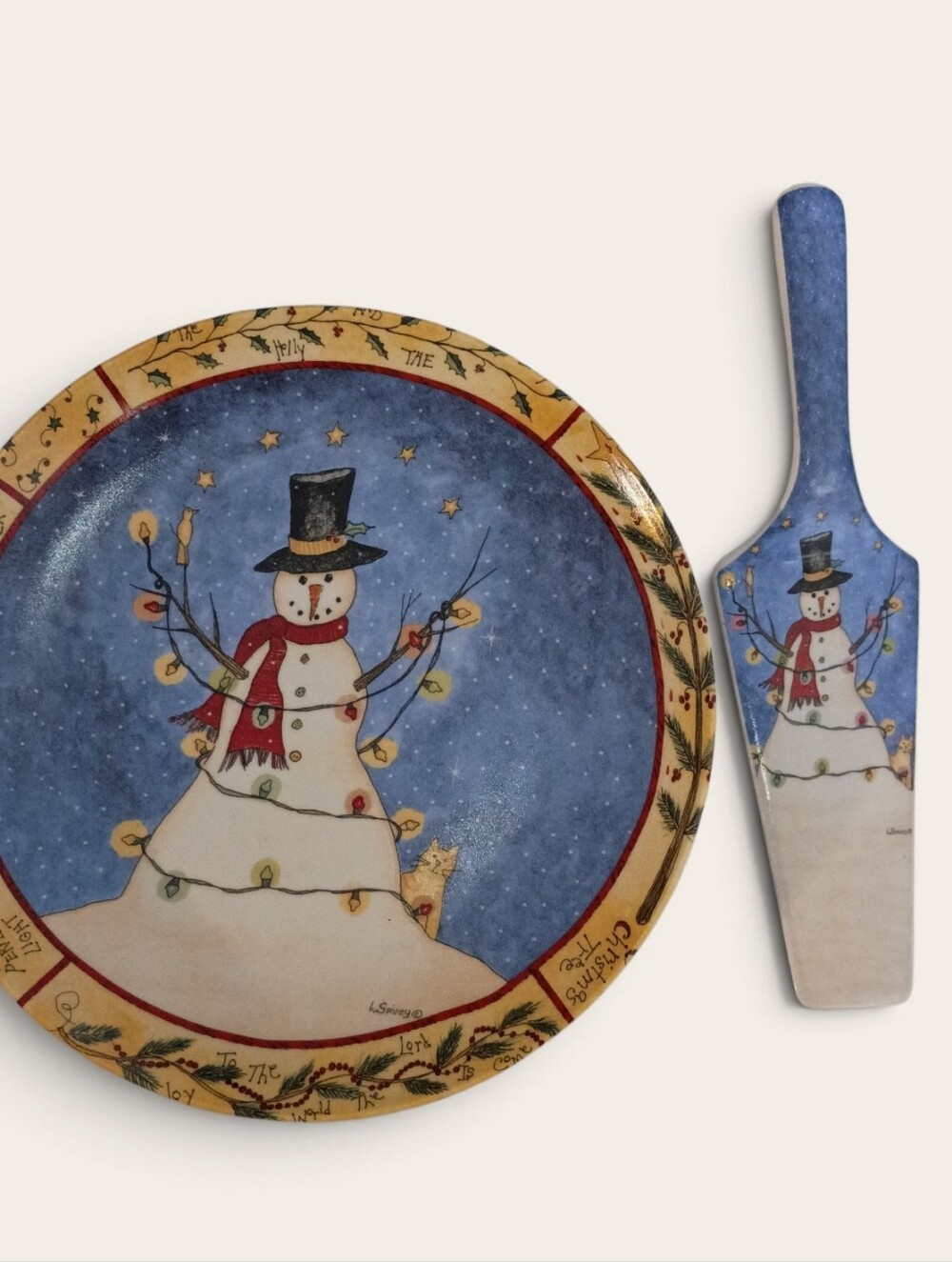 Holiday Ceramic Cake Plate and Server with Snowman Design by Linda Spivey